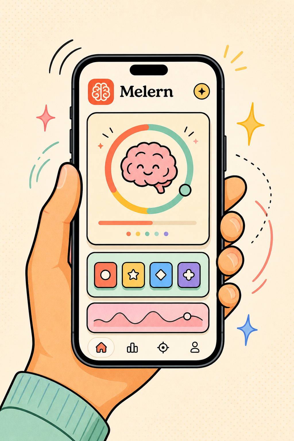 The Melern app on a phone held in hand — showing the smiling brain mascot inside a daily progress ring, brain-game tiles and a mood tracker