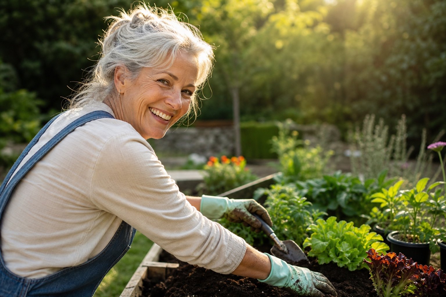 A smiling older woman gardening in warm sunlight